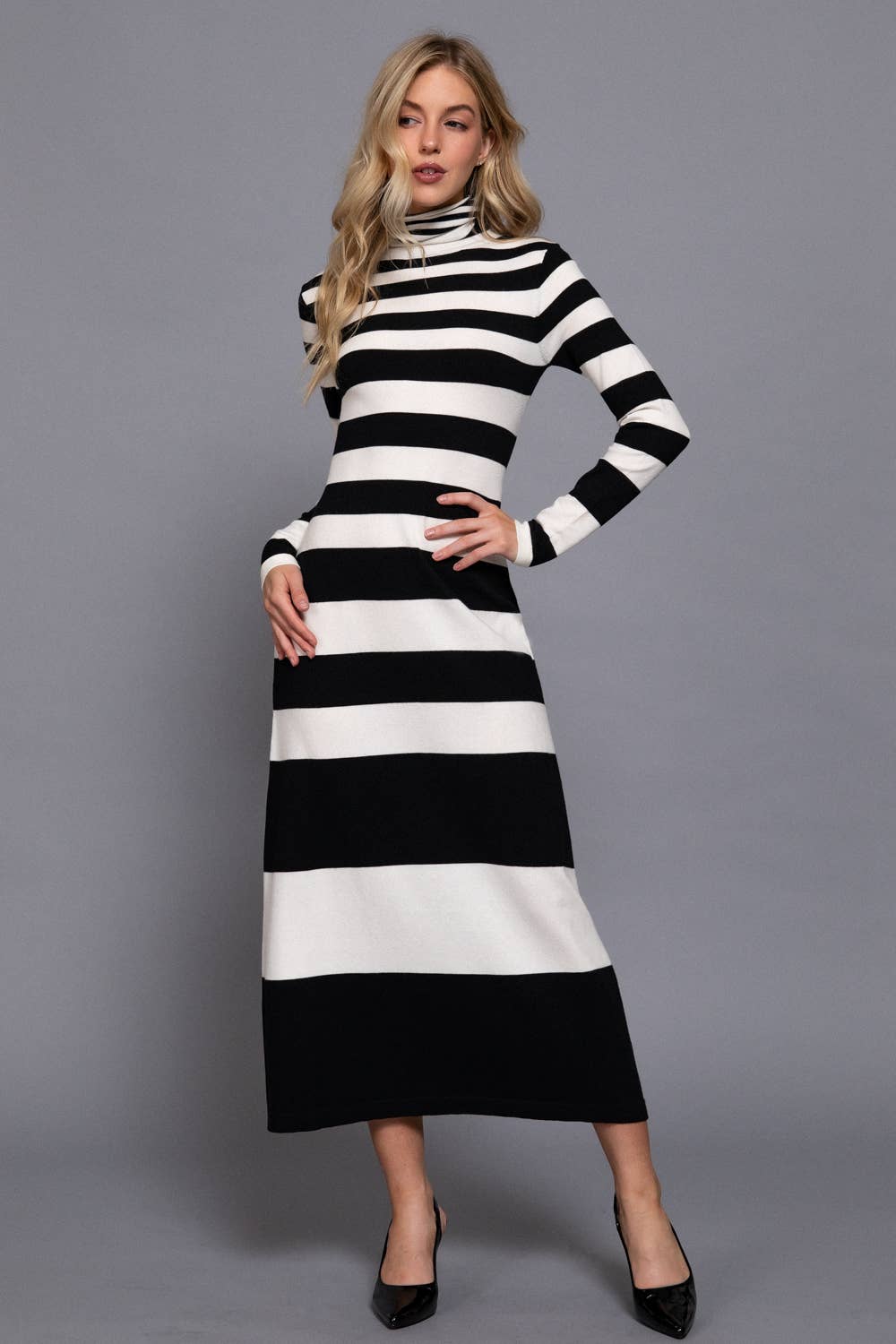 Timeless Long Sleeve Turtle Neck Rugby Stripe Maxi Dress