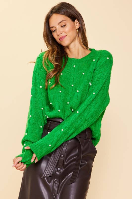 ✨ Skies Are Blue — Long Sleeve Pearl Detail Cable Sweater