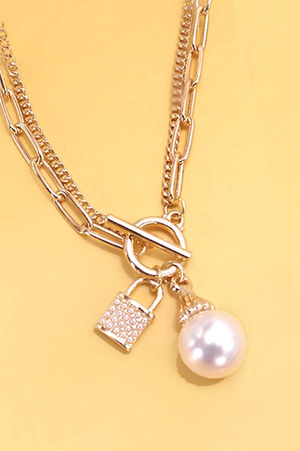 PEARL LOCK CHARM DOUBLE LAYER TOGGLE NECKLACE