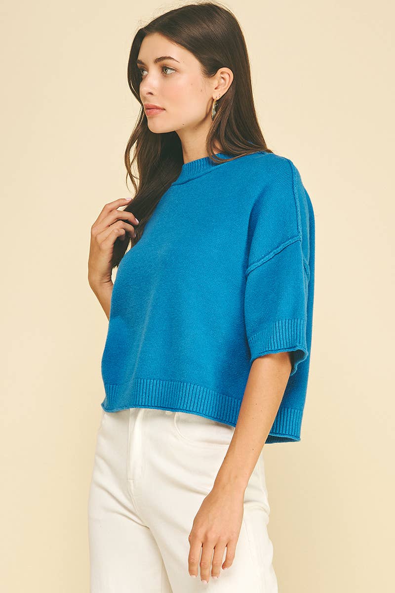 Ocean Blue Soft Knit Short Sleeve Sweater Top