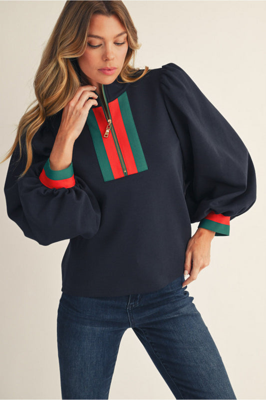 Navy Zip Up Long-Sleeved Blouse