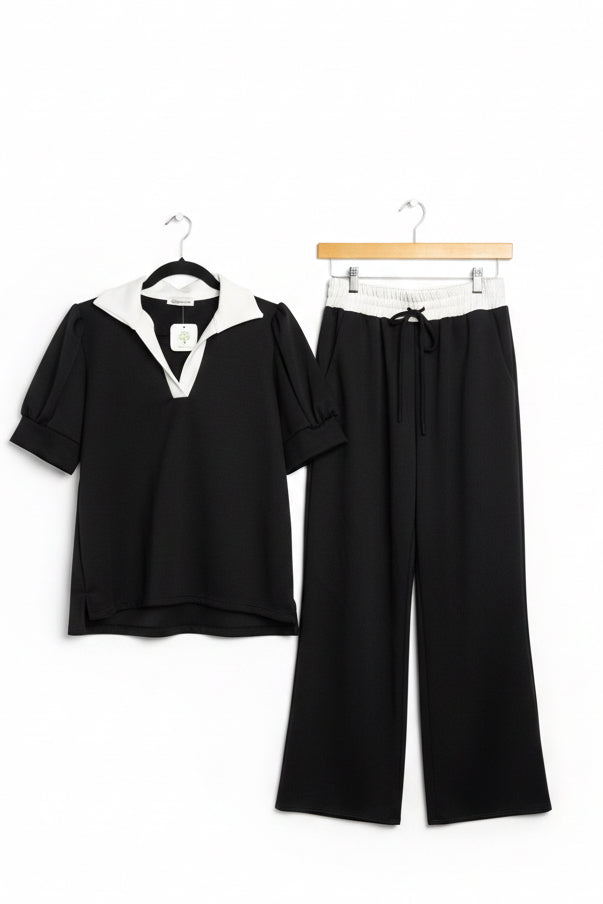 Black with White Collar Scuba Pant Set