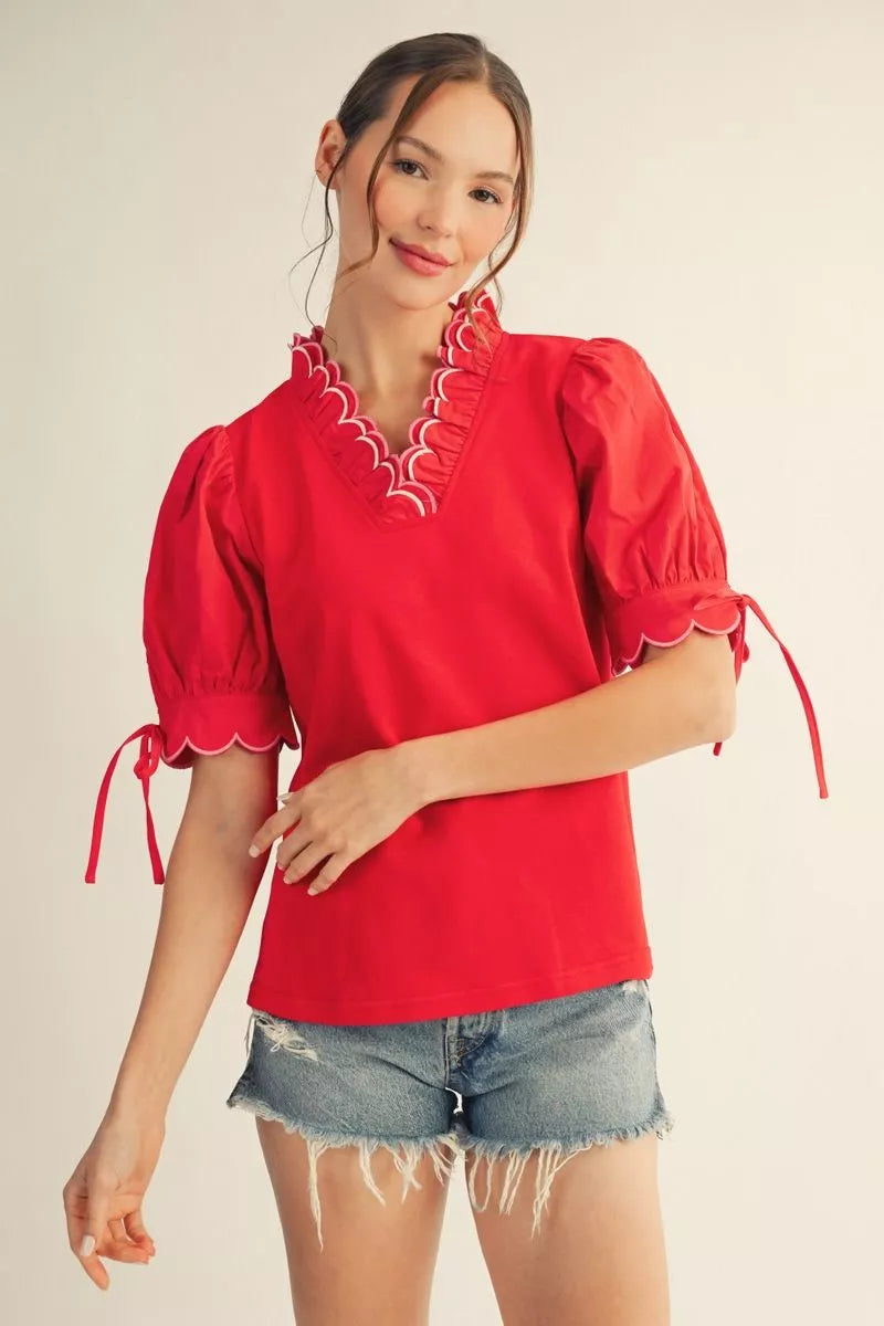 Scalloped Trim Puff Sleeve Top – Red