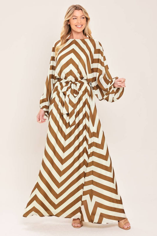 Mocha & Ivory Chevron Tie-Waist Maxi Dress