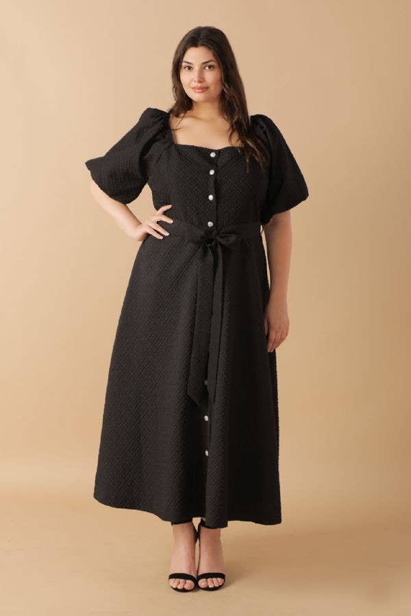 Plus size black textured woven midi dress