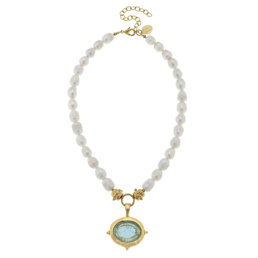 Aqua Venetian Glass Bee Intaglio Necklace on Freshwater Pearls