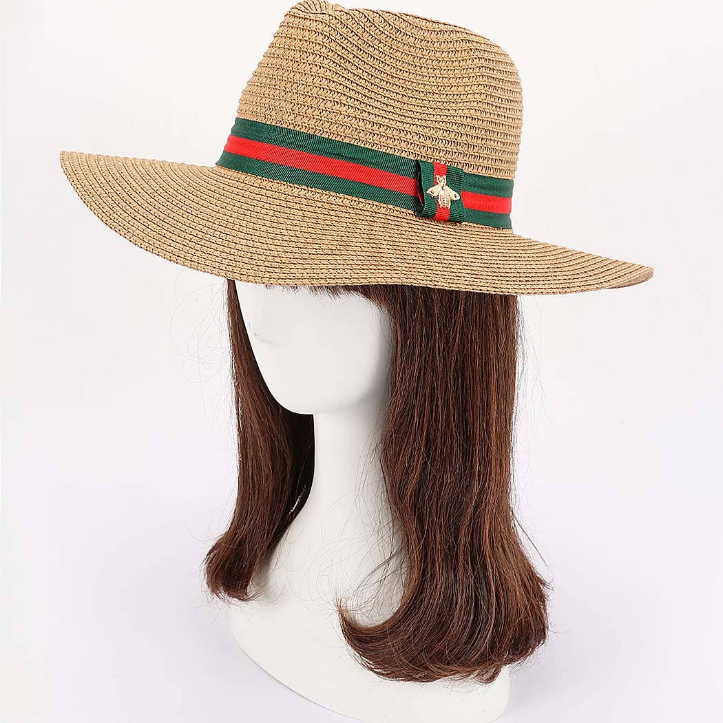 Faux Straw Fedora Hat with Bee Detail