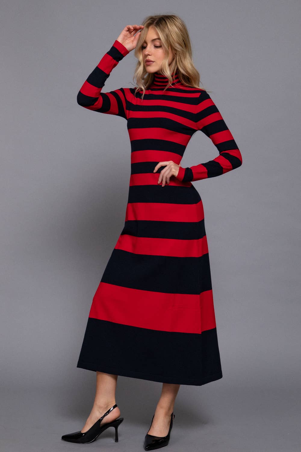 Timeless Long Sleeve Turtle Neck Rugby Stripe Maxi Dress