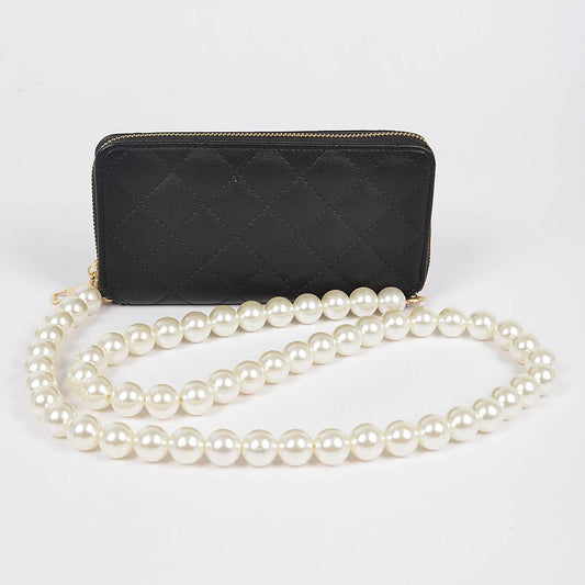 Faux Pearl Long Strap Crossbody Large Wallet: Black