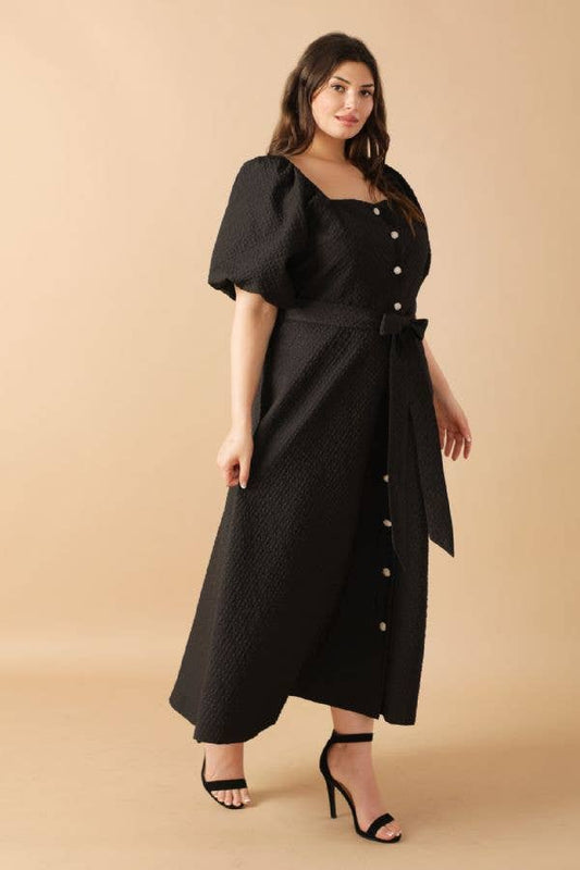 Plus size black textured woven midi dress