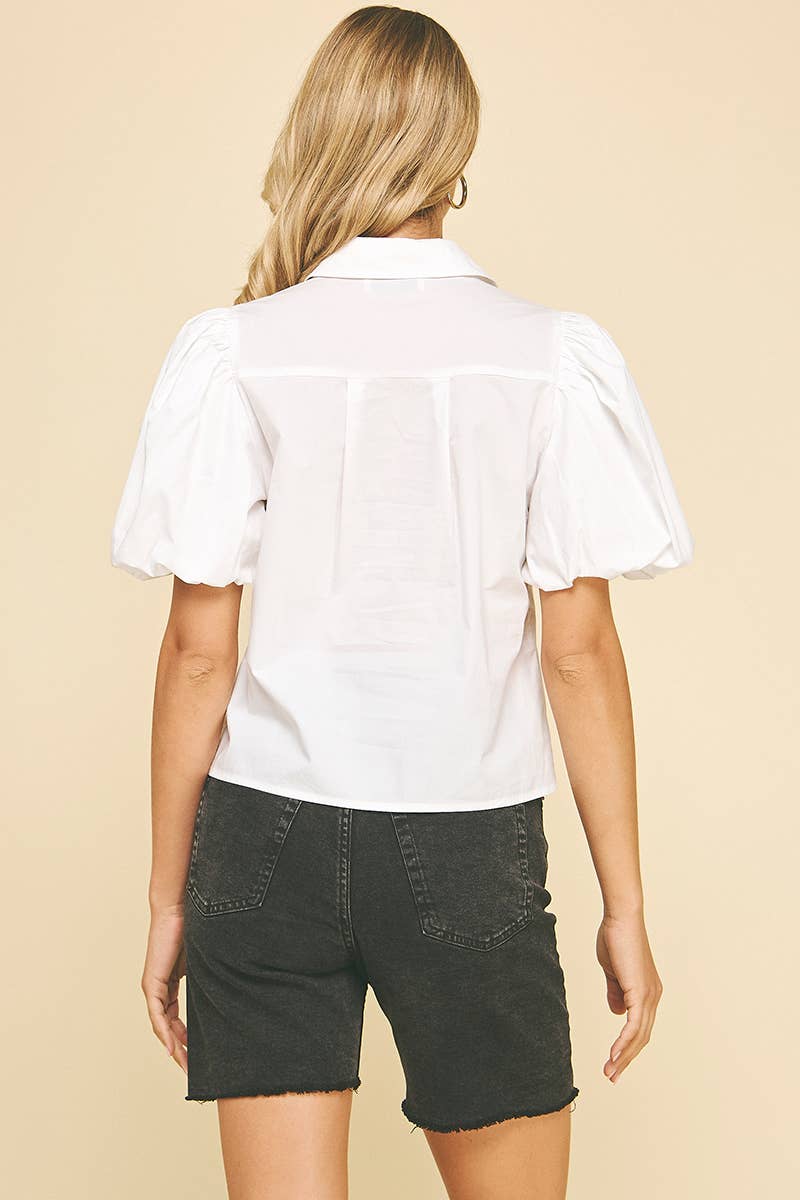 White Bubble Sleeve Blouse Top