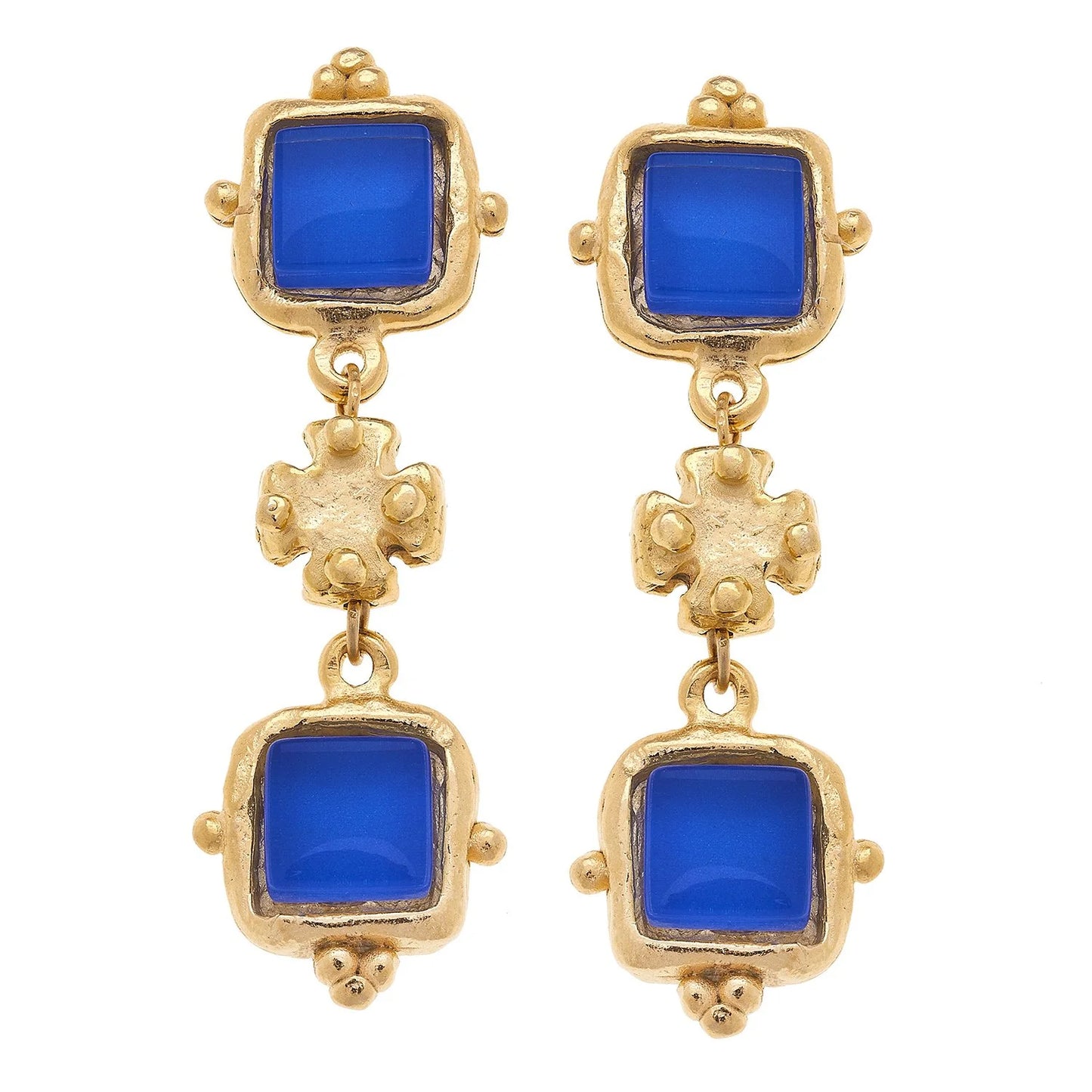 Susan Shaw Linked Blue French Glass Gold Earrings