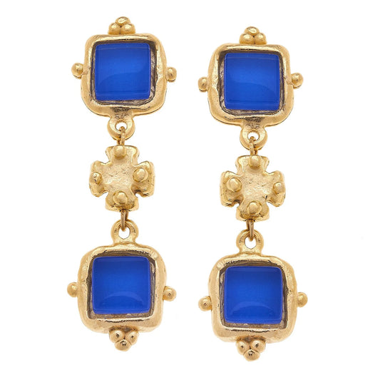 Susan Shaw Linked Blue French Glass Gold Earrings