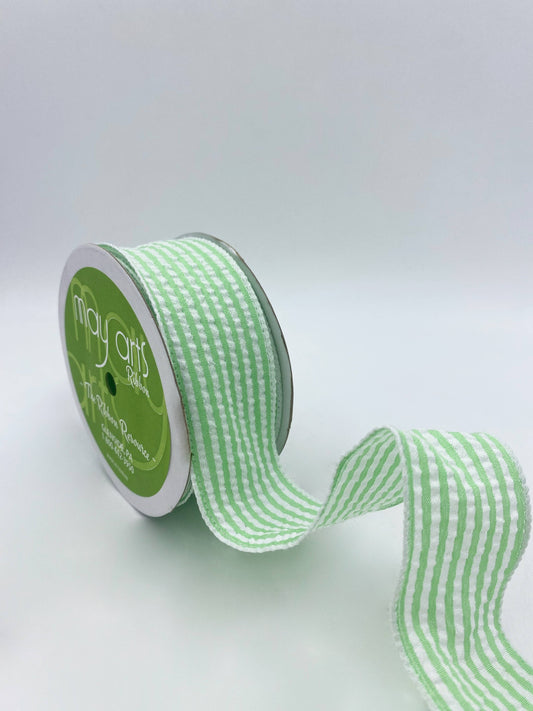 1.5" Wired Lime Green & White Seersucker Ribbon