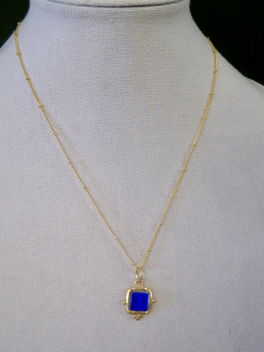 Handcast Gold Square with Blue French Glass Necklace