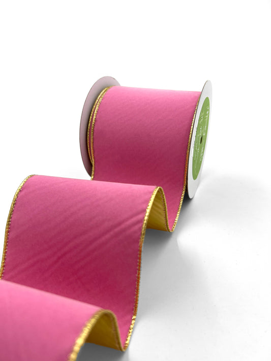 4" Bubblegum Pink Velvet Reversible Gold Wired Ribbon