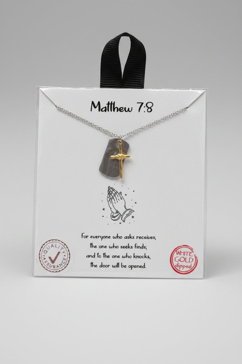 "Matthew 7:8" Dog Tag Cross Necklace