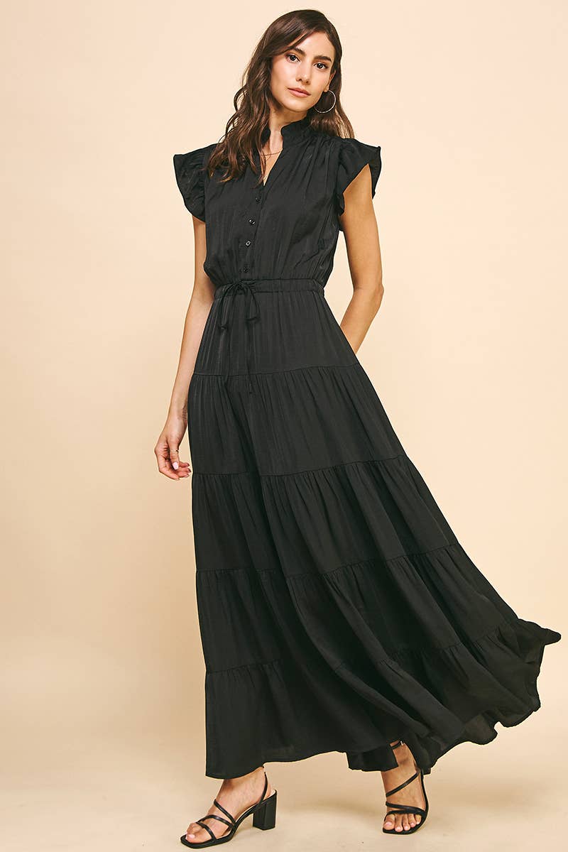 Black Satin Tiered Maxi Dress