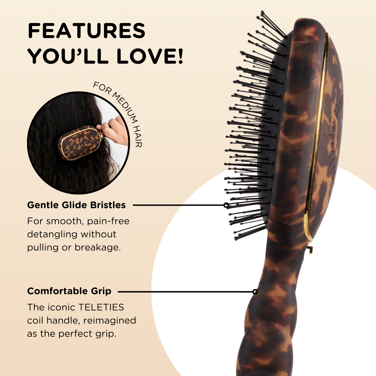 TELETIES® Detangler Hair Brush for Medium Hair – Tortoise