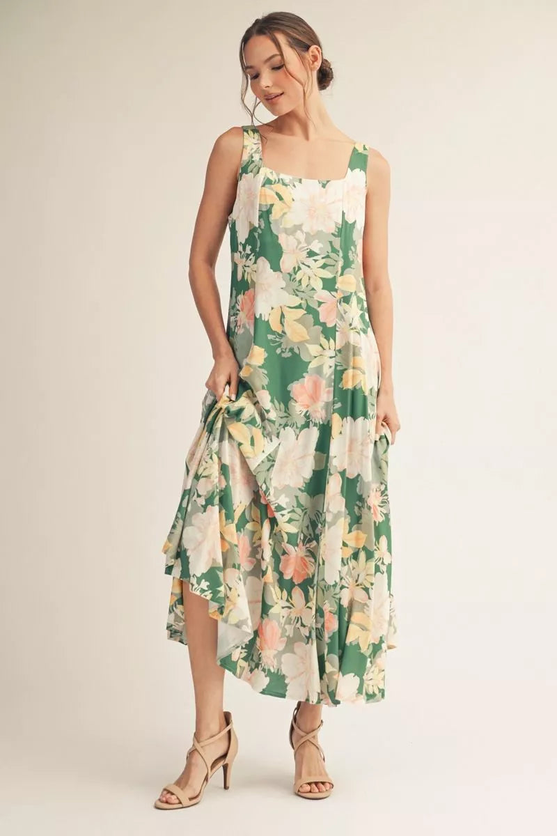 🌸 Square Neck Floral Print Flare Maxi Dress