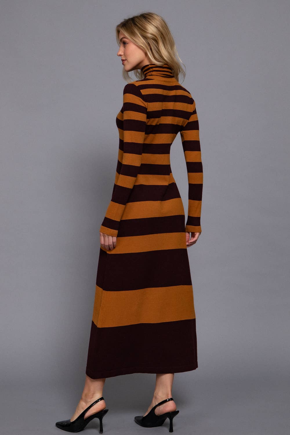 Timeless Long Sleeve Turtle Neck Rugby Stripe Maxi Dress