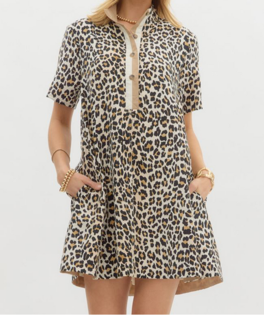 Leopard Print Pullover Mini Dress – Multicolor Band Collar