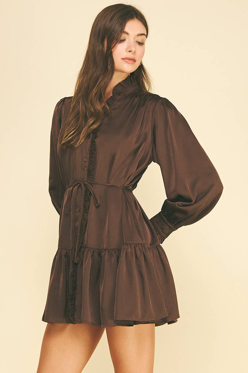 Espresso Satin Ruffled Tiered Mini Dress