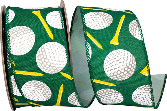 Golf Balls And Tees Linen Wired Edge Ribbon, Hunter