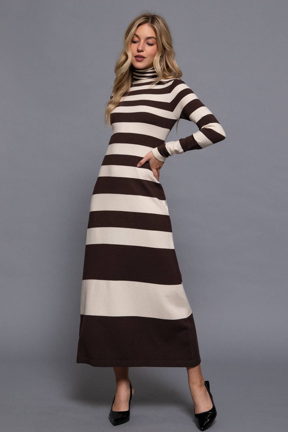Timeless Long Sleeve Turtle Neck Rugby Stripe Maxi Dress