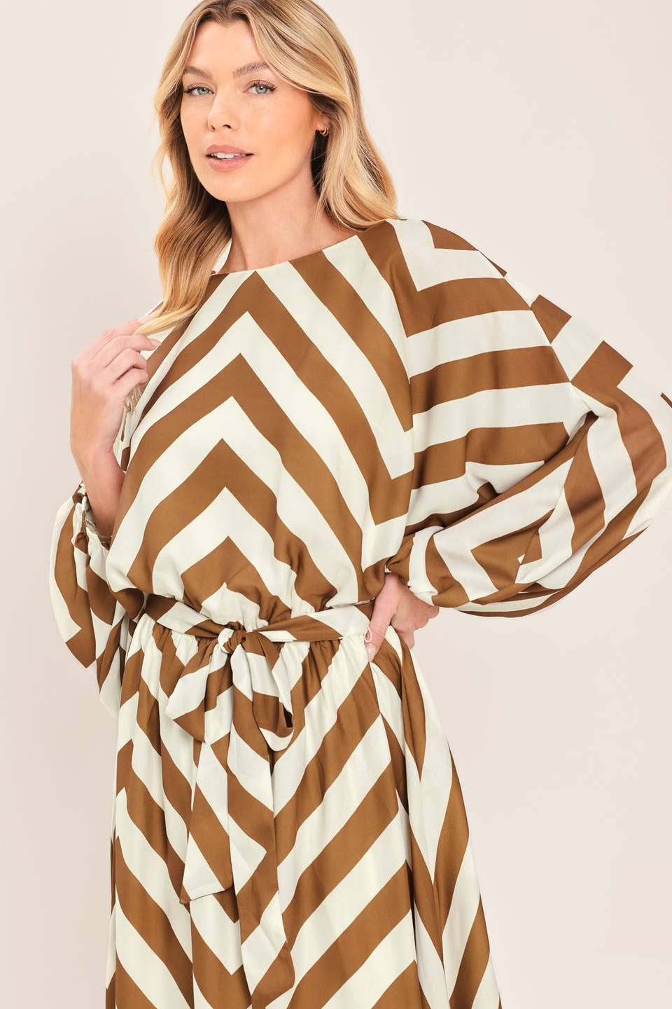 Mocha & Ivory Chevron Tie-Waist Maxi Dress