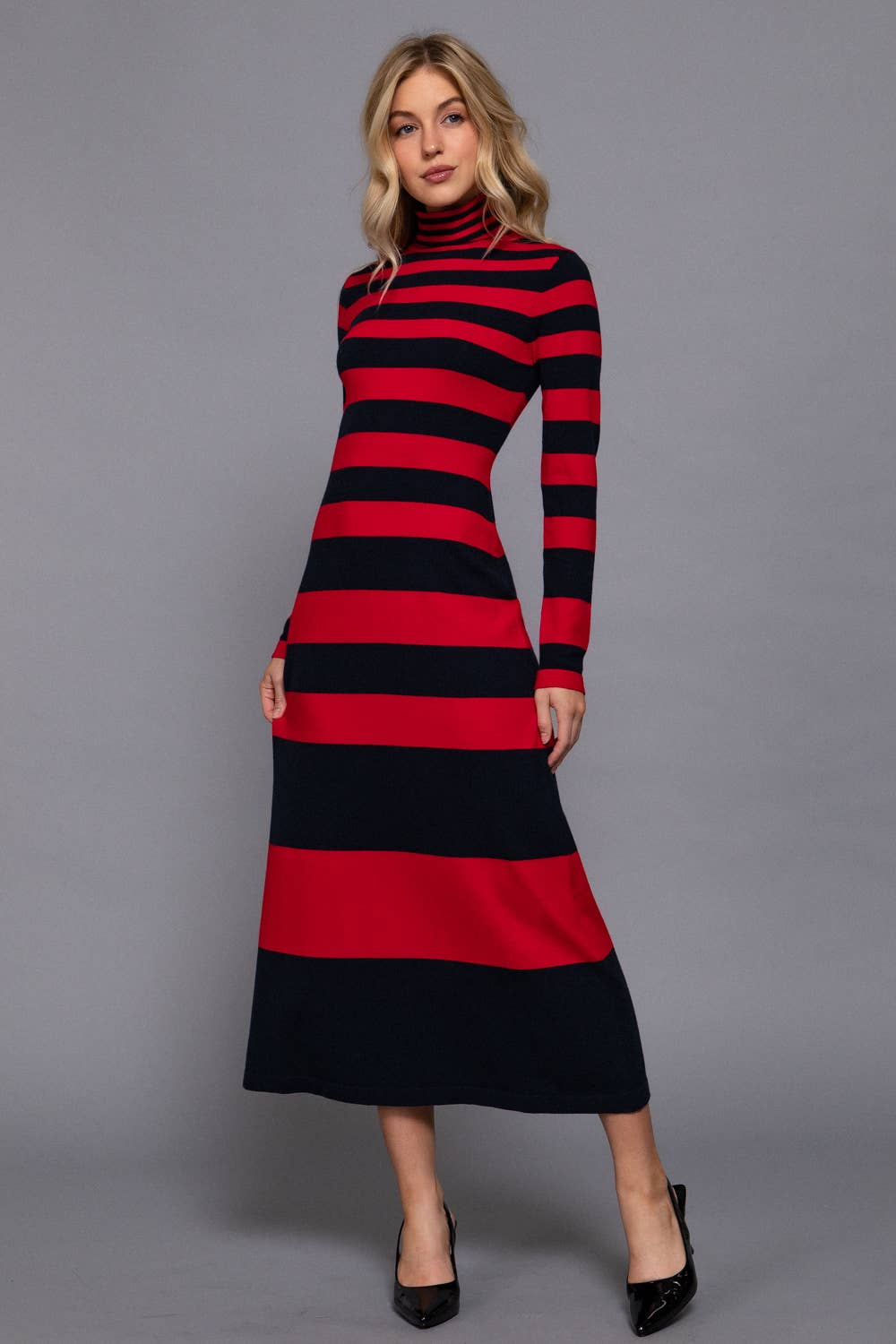 Timeless Long Sleeve Turtle Neck Rugby Stripe Maxi Dress