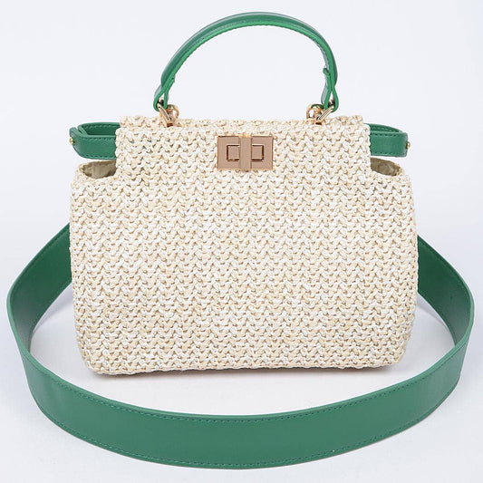 Faux Straw Top Handle Crossbody Bag: Green