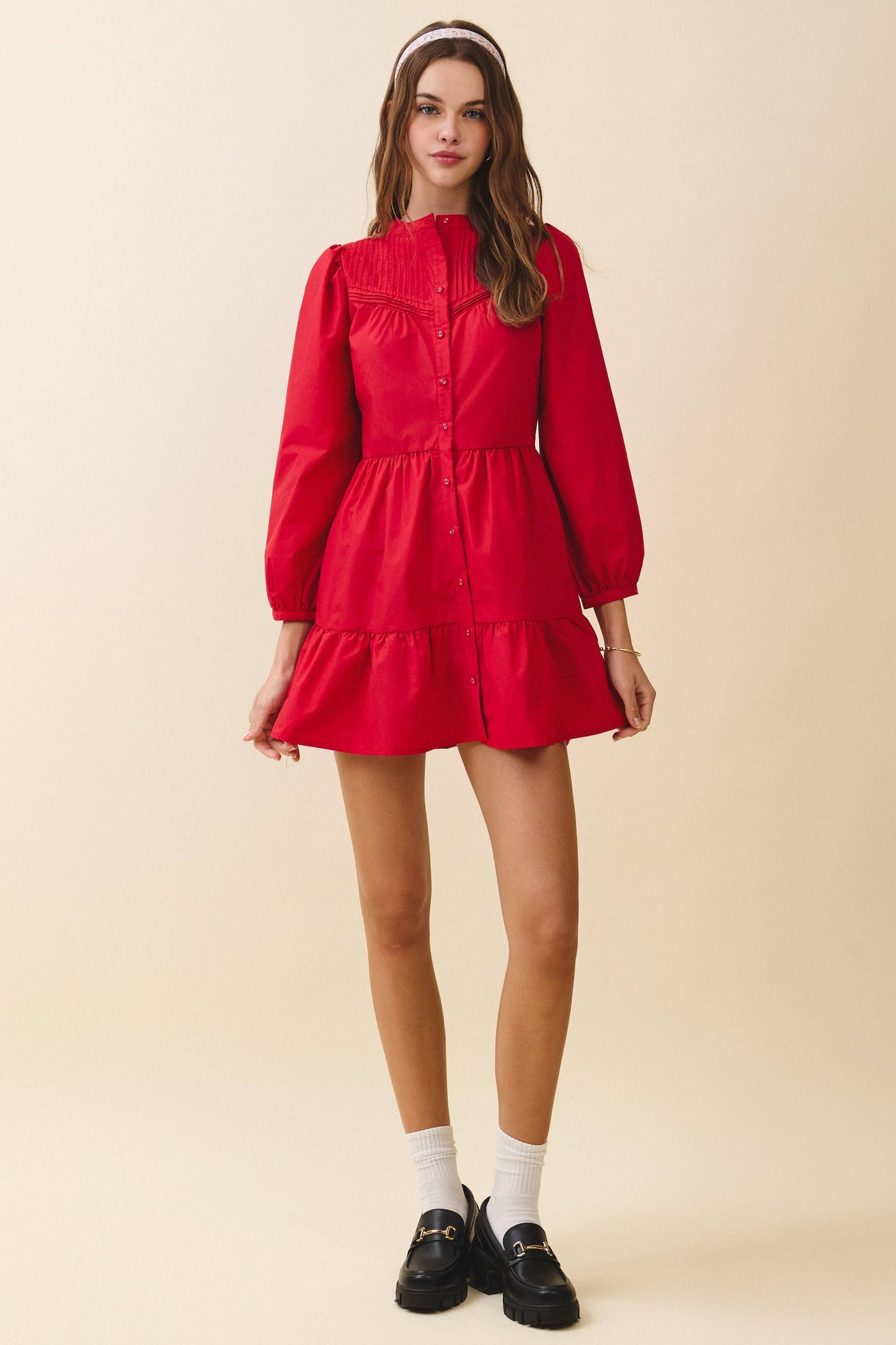 Pintuck Yoke Detail Button Front Mini Dress