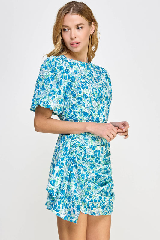 Ruched Short Puff Sleeve Floral Voile Mini Dress: Blue