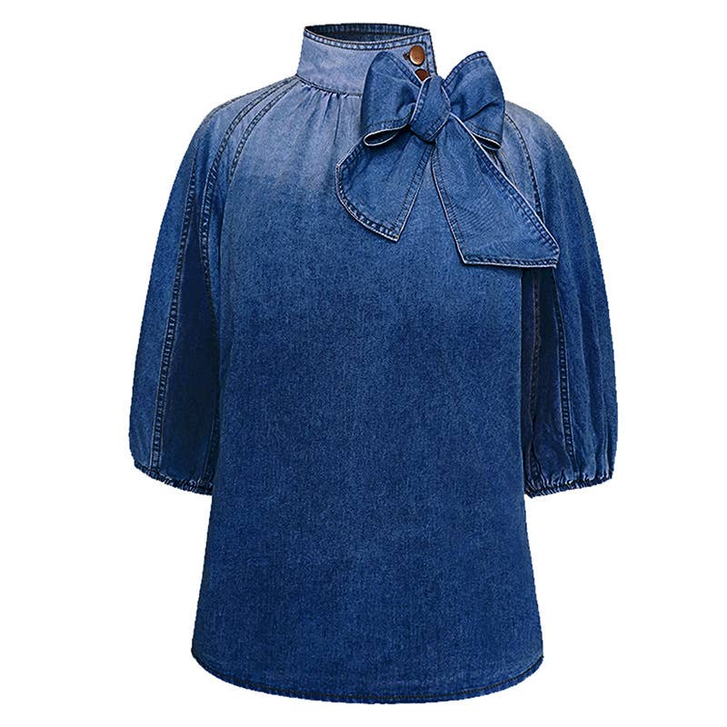 3/4 sleeve loose puff sleeve denim blouse