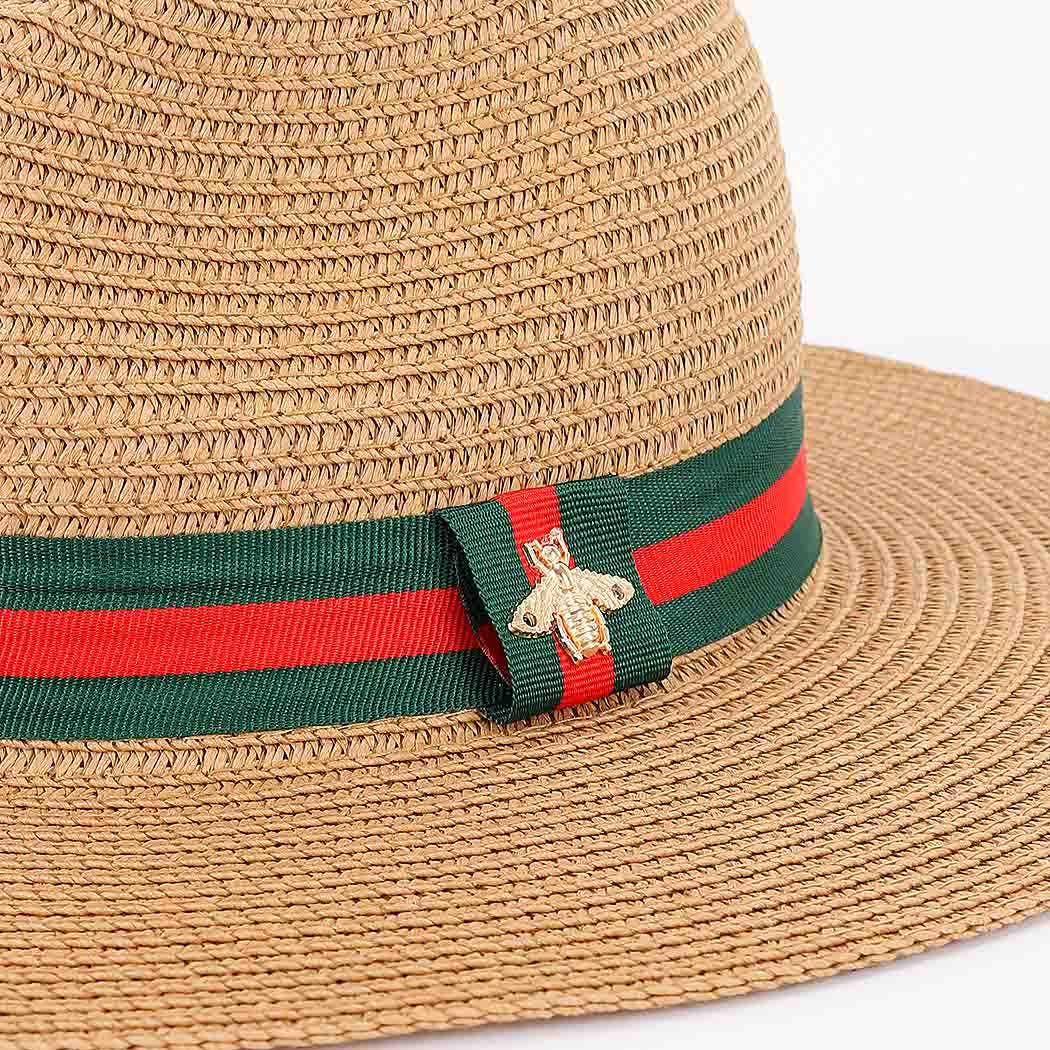Faux Straw Fedora Hat with Bee Detail