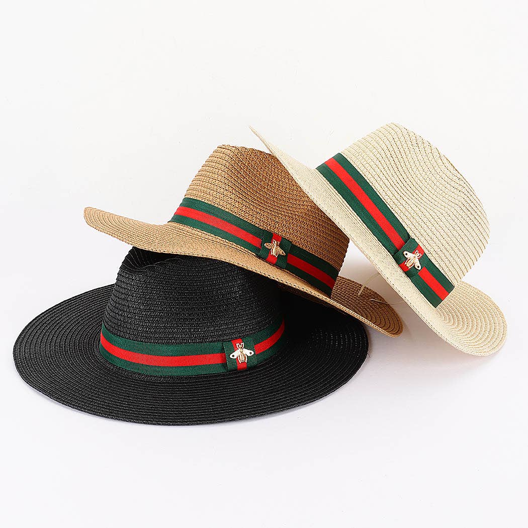 Faux Straw Fedora Hat with Bee Detail