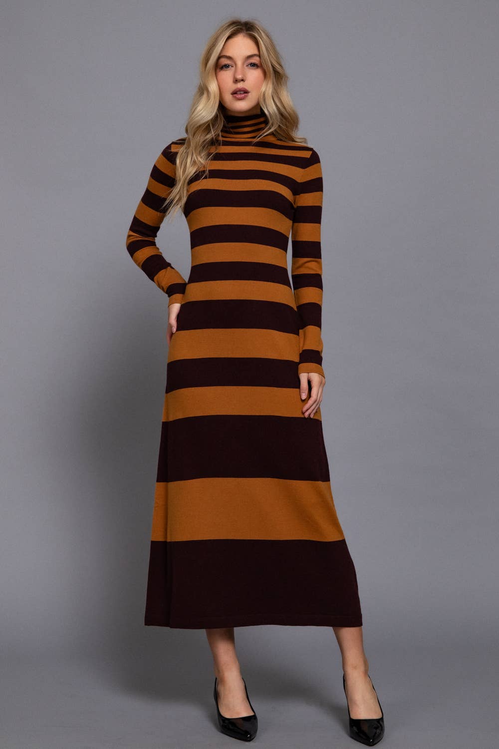 Timeless Long Sleeve Turtle Neck Rugby Stripe Maxi Dress