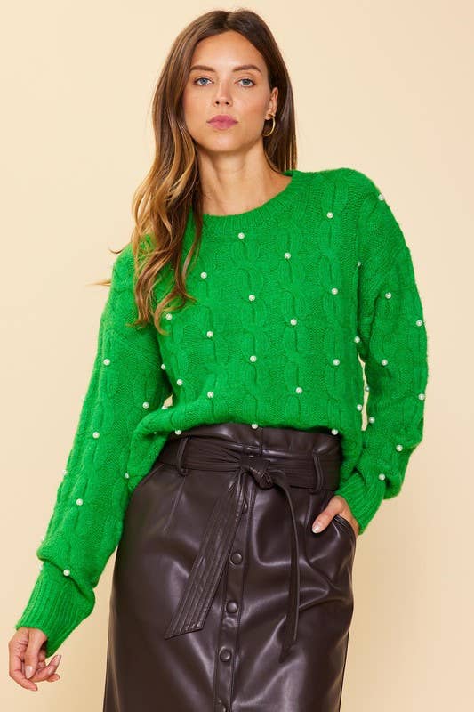 ✨ Skies Are Blue — Long Sleeve Pearl Detail Cable Sweater