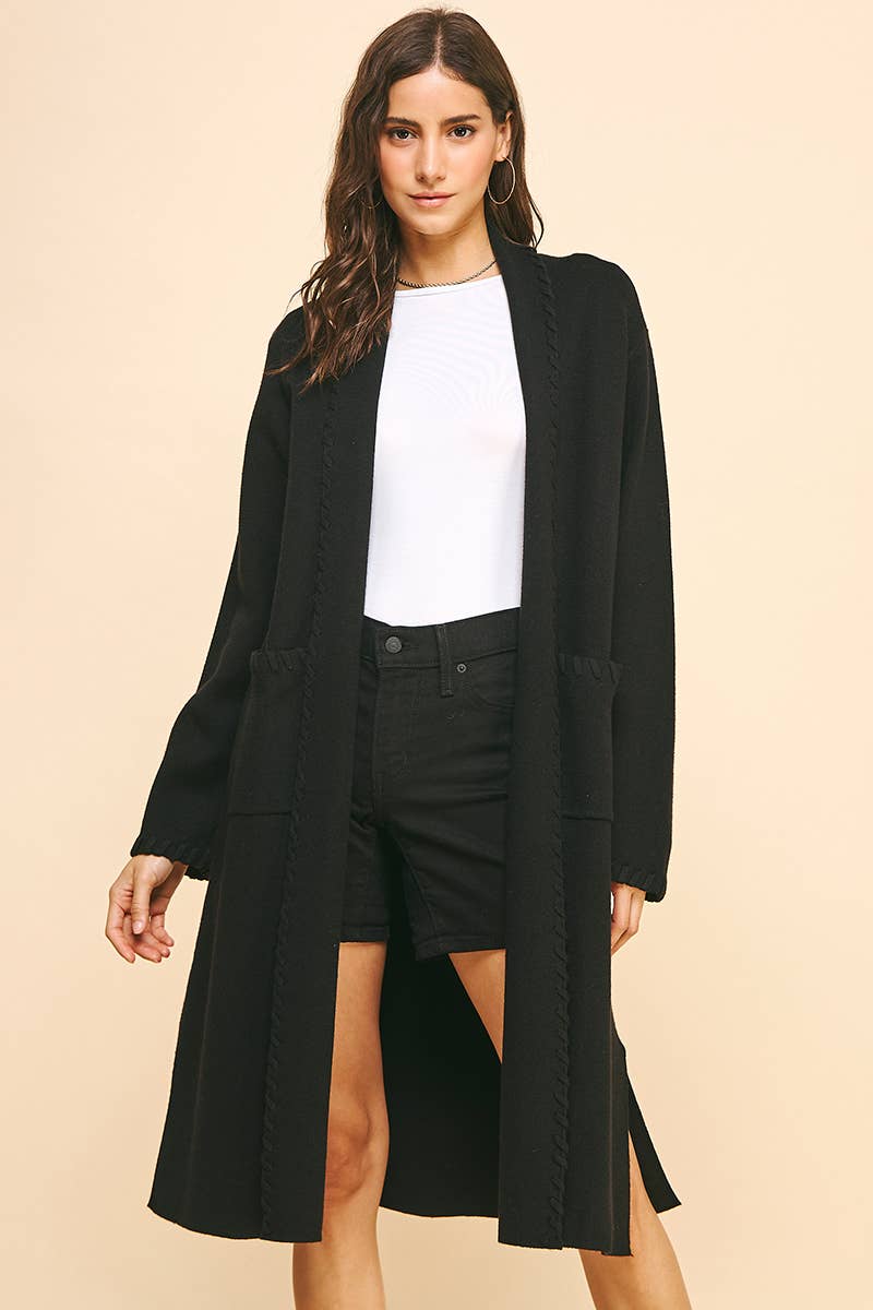 EDGE DETAIL OPEN KNIT CARDIGAN IN BLACK