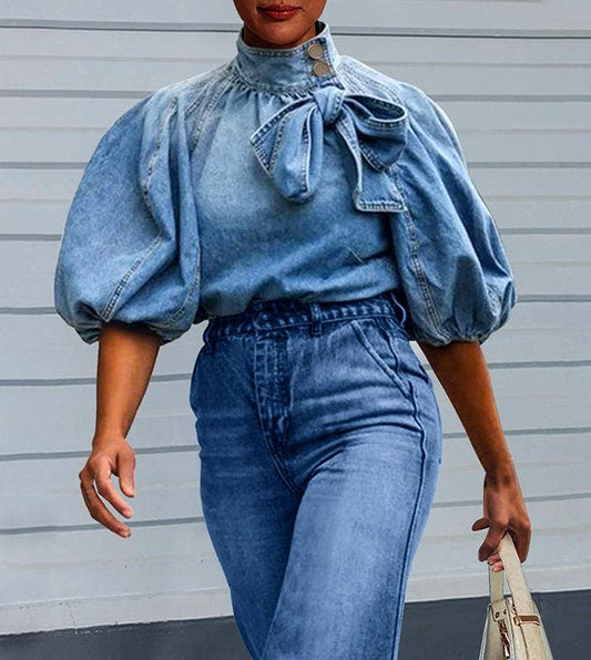 3/4 sleeve loose puff sleeve denim blouse