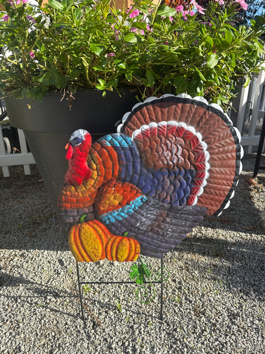 Metal Turkey with Pumpkins on Poles