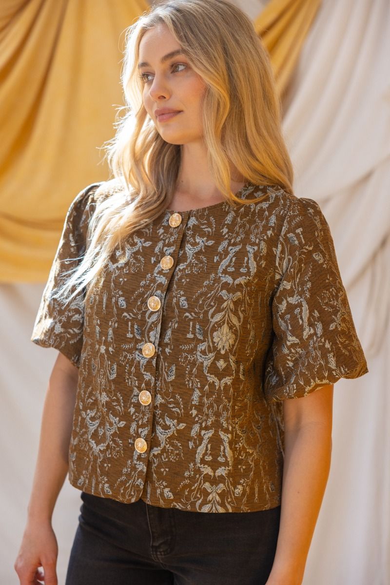 Gold Button Down Floral Jacquard Top