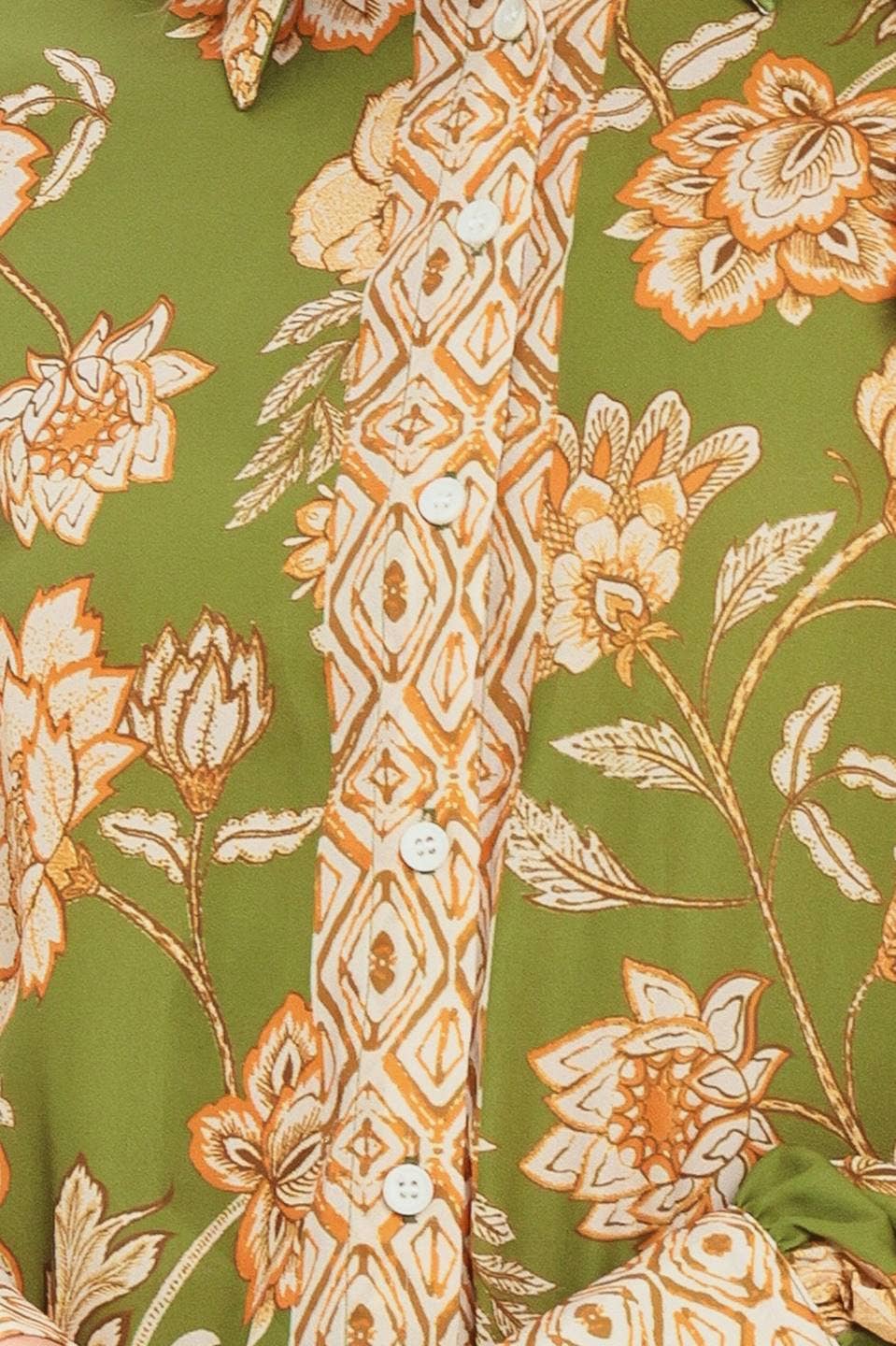 Olive Botanical Print Button-Down Blouse