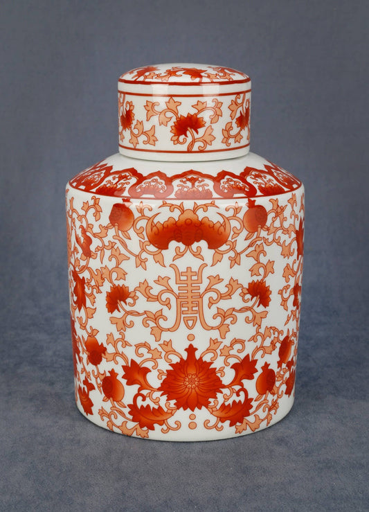 8.5" Red and White Floral Jar with Lid