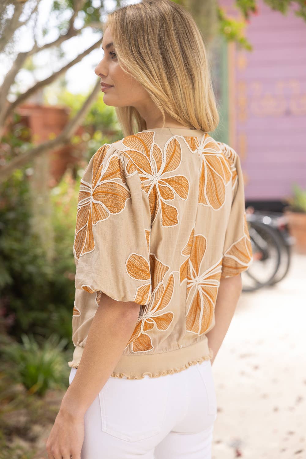 Contrast Band Detailed Floral Embroidery Top