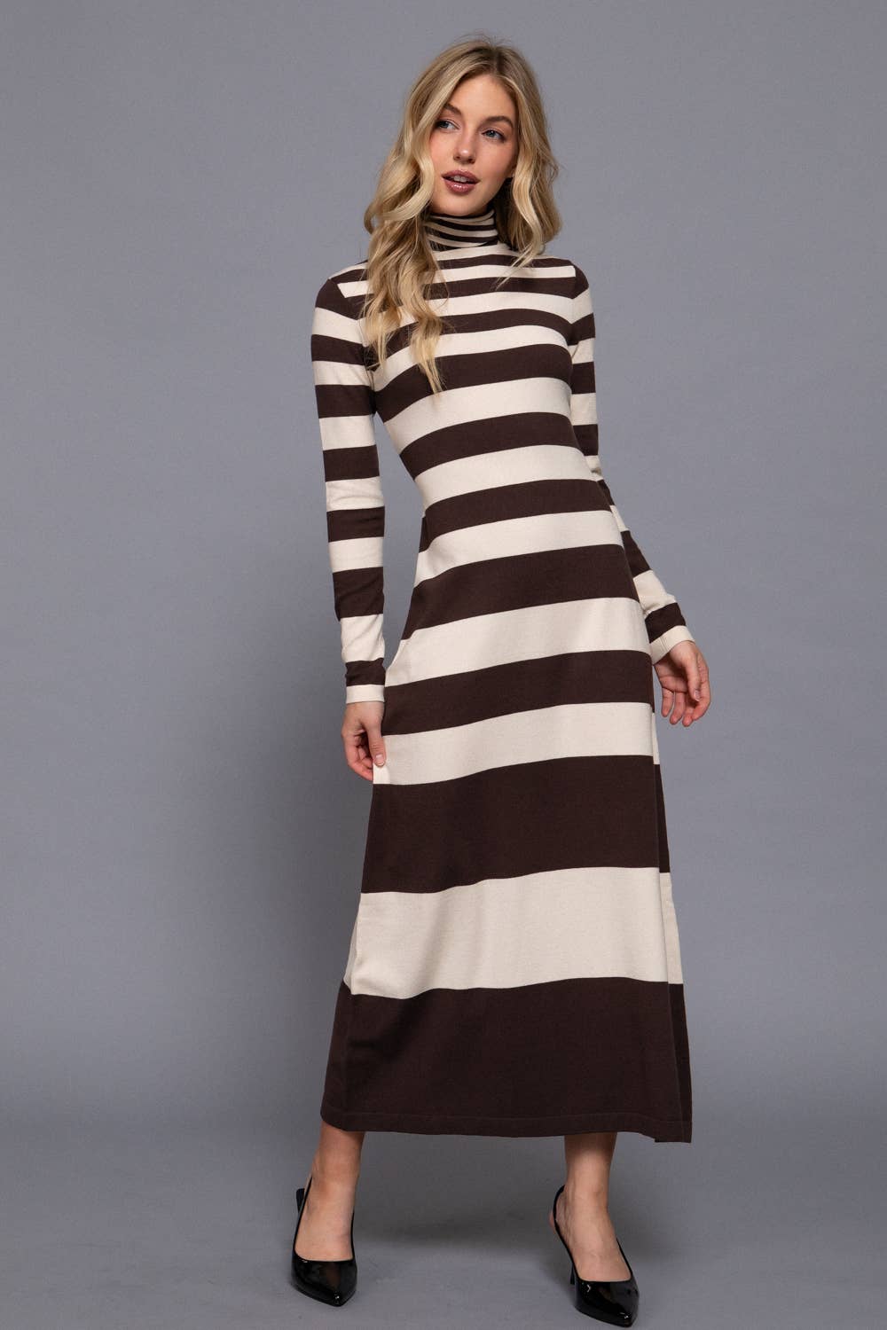 Timeless Long Sleeve Turtle Neck Rugby Stripe Maxi Dress