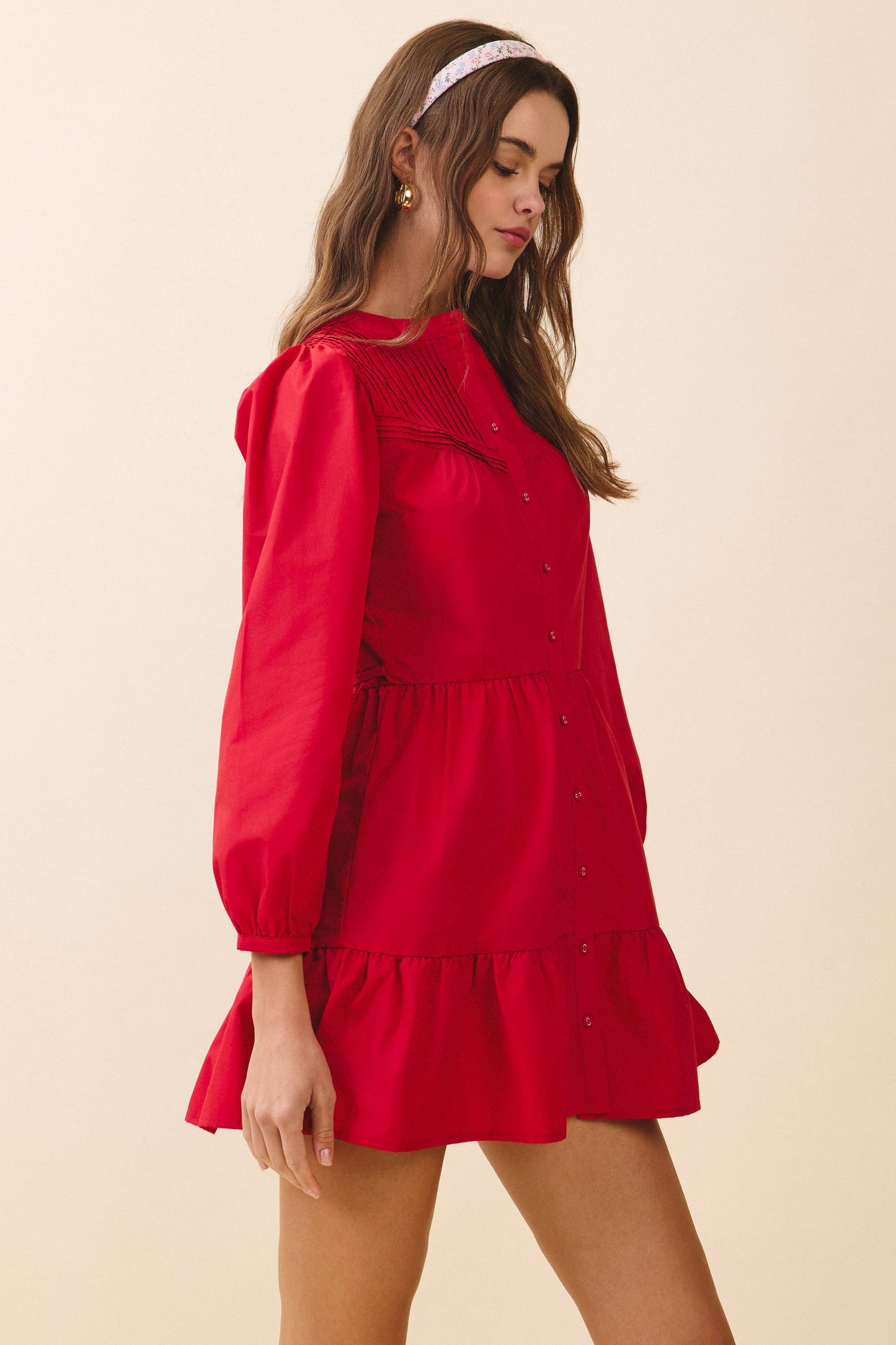 Pintuck Yoke Detail Button Front Mini Dress