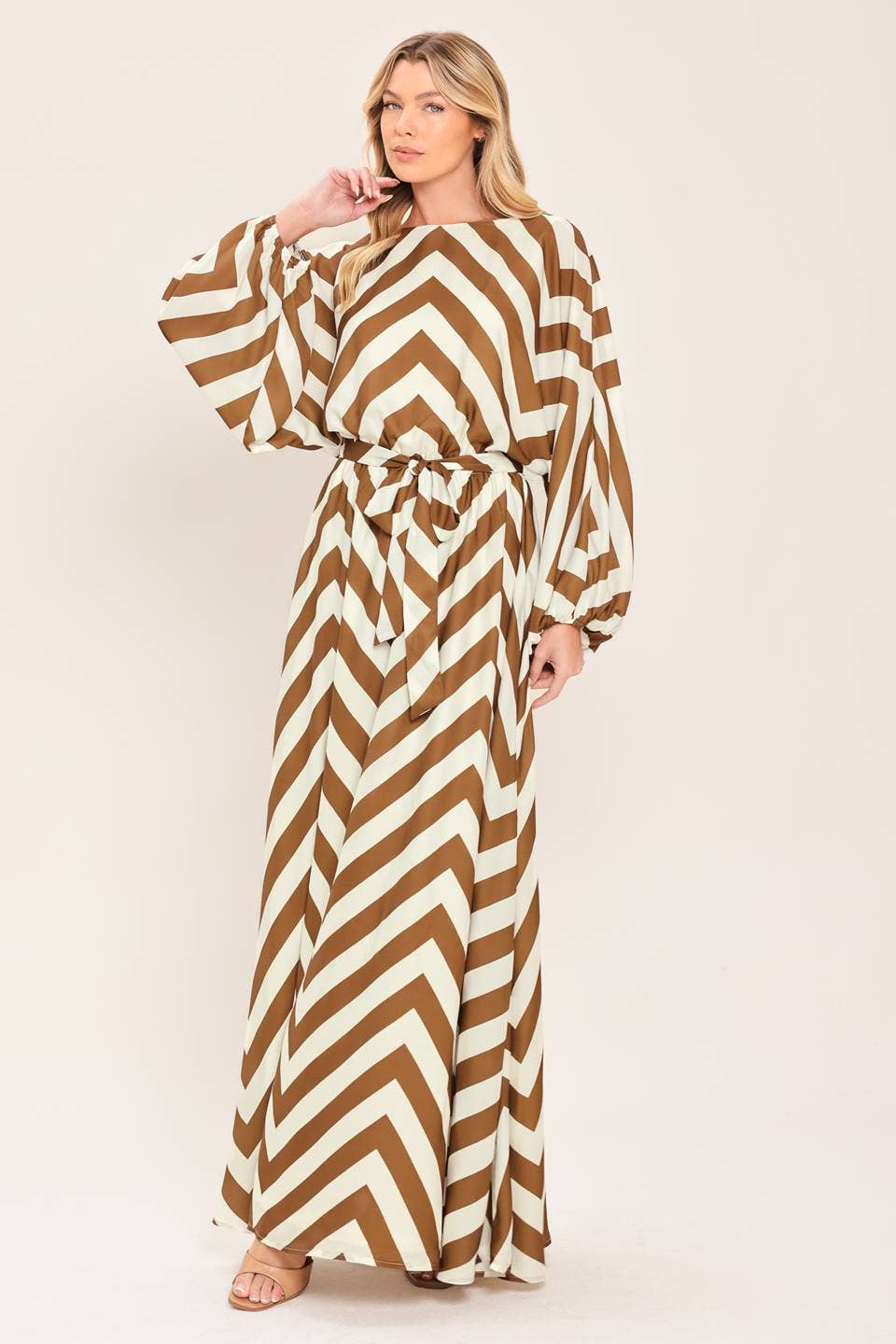 Mocha & Ivory Chevron Tie-Waist Maxi Dress