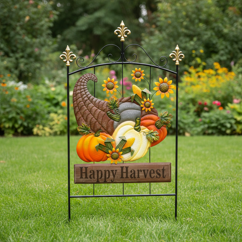 Metal Fence with Cornucopia Yard Art